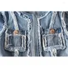 Kadınların Takımları Erken İlkbahar Modaya uygun kişilik moda tasarımı dikiş, eski püskül ceket metal toka gündelik stil gibi yıkanmış denim iyi