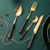 Servis uppsättningar keramiskt handtag guldbestick set rostfritt stål bordsartiklar middag gaffel knivsked diskmaskin säkert kök