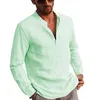 Chemises décontractées pour hommes Chemises à manches longues en coton et lin Hommes Col montant Couleur unie Blouse de plage en vrac Tops Camicia Da Uomo