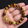 STRAND PI XIU Tiger Eye Stone kralen Bracelet Feng Shui Yellow Power Women Men Men Elastische sieraden Goud kleur Pixiu Veel geluk