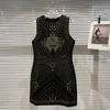 Design de luxe pour femmes rivet patchwork tweed laine robe débardeur à col rond SML
