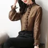 Women's Blouses Vintage Office Ladies Shirts Lady Casual Lotus Leaf kraag lantaarn mouw vrouwelijke blouse losse dames blusas tops dm0035