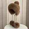 Berets Winter Echte hoeden Lady Bomber Hat natuurlijk voor vrouwen gebreide voering met handgeweven mode warmte pompom