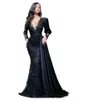 2023 Black Lace Mermaid Prom Dresses With Side Train V-Neck Lace Applique Dubai Arabiska långa ärmar Kvällsklänning