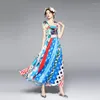 Casual Dresses Fashion Runway Dress Summer Women Spaghetti Stems Bohemian Sundress Polka prickar Stripe Floral Maxi Blue