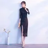 Vêtements ethniques 2022 noir chinois robe de mariée femme longue à manches courtes Cheongsam mince traditionnel femmes Qipao pour la fête