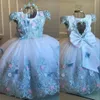 2023 Cute Light Blue Flower Girl Dresses Scoop Neck Cap Sleeves Lace Appliques Pearls Hand Made Flowers Bow Hollow Back Lilttle Kids Birthday Pageant Weddding Gowns