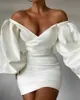 Sexy Plus Size Sheath Wedding Dresses for Women Simple Satin Off Shoulder Deep V Neck Long Sleeves Pleats Bridal Gowns Vestido De Novia Custom Made