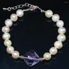 Link Bracelets Special Charms 9-10mm Natural Freshwater Pearl Beads Diy Bracelet Pink Crystal Fashion Party Jewelry B1404