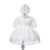Dziewczyna sukienki 2022 Dress Baby Dress Chrzest w bawełnianym czystym białym krótkim rękawie z koronkową czapką krawędzi 2 szt.