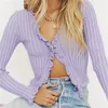 Women's Knits Vintage 4 Buttons Wood Ears V Neck Long Sleeve Sweater Women Knitted Tight Jumper Front Slit Slim Cropped Cardigan