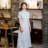 Etnische kleding herfst elegante korte mouw a-line cheongsam sexy kanten trim mandarijn kraag satijn Chinese vrouwen qipao