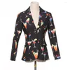 Ternos femininos Jaqueta feminina da moda 2022 Autumn Winter Wineclass Cocktail Print Vintage Manga longa Blazers curtos e magros