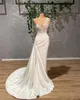 Białe satynowe sukienki ślubne syreny seksowne Sheer V Neck Heavy Pearls plus size szata de małżeński suknie ślubne