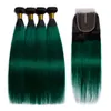Brezilya düz saç demetleri ombre 1b/yeşil renk 4x4 dantel kapanış