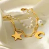 Pulseiras de link 18K Gold banhado a aço inoxidável Jóias de pérolas Jóias Trend Star Moon Acessórios Pingente 2 camadas Bracelet Women JDB201125