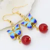 Dangle Earrings Long Women Drop 13 16mm Gold-color Butterfly Cloisonne Purple Jades Chalcedony Jewelry B2632