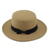 Boinas Sombrero de lana con lazo Mujeres Hombres Señoras Fedoras Flat Top Jazz Round Caps Color sólido Weeding Party Feminino Gorra NZ199