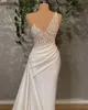 Białe satynowe sukienki ślubne syreny seksowne Sheer V Neck Heavy Pearls plus size szata de małżeński suknie ślubne