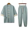 Etnisk kläd Sommarstil Kinesisk linnetid Mäns skivknapp Retro Bomull och tre fjärdedelshylsa skjorta byxor 2st 2023