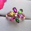 Clusterringen Tourmaline Ring Natural Real 3 6mm 6pcs edelsteen per sieraden 925 Sterling Silver Flower Style