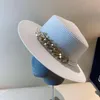 Berets French Retro Hepburn Style Pearl Diamond Chain Buckle Flat Top Hat Spring And Summer Outing Straw Wide-brimmed Sunscreen