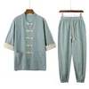 Etnisk kläd Sommarstil Kinesisk linnetid Mäns skivknapp Retro Bomull och tre fjärdedelshylsa skjorta byxor 2st 2023