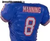 Anpassad throwback Manning #8 Football Jersey White Blue sydde valfritt namnnummer