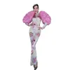 Stage Wear Retro Pink Chinese Cheongsam Long Evening Dress Noble Lady High Split Tight Party Birthday Prom Formal