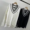 Designer Women's sweater Chic embroidered stripes against colors twisted rope V-neck knit top preppy