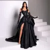 Sexy Black Sweetheart Prom Dresses Corsetto Una linea Satin High Low Abiti da sera asimmetrici 2023 Senza maniche Fessura laterale Abito per occasioni speciali moderno Custom Made