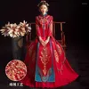 Vêtements Ethniques FZSLCYIYI Strass Perlé Broderie Rouge Bleu Chinois Mariée Époux Robe De Mariée Cheongsam Mariage Élégant Qipao