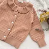 Jackor Autumn Girl Knicardigan 1-5 Y Baby Girls Sticked Sweaters Ruffles Collar Solid Color Cardigan Coats Korean Style Kids tröja