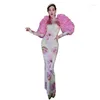 Stage Wear Retro Pink Chinese Cheongsam Long Evening Dress Noble Lady High Split Tight Party Birthday Prom Formal