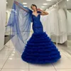 Sparkly Royal Blue Mermaid Prom Dress Appliques di paillettes Ruffles Eleganti abiti da festa di laurea Robe De Mariage su misura