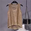 Women's Tanks Sexy Openwork Irregular Bright Silk Knitted Camisole Sequins Tees Hollowed Out V-Neck Sleeveless Shirts Tank Tops Dancewear