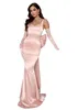 Schlichte errötende rosa Meerjungfrau-Abendkleider, elegant, bodenlang, Satin, große Schleife hinten, formelle Party, zweiter Empfang, Geburtstag, Festzug-Kleid, Ballkleider, individuell