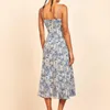 Vestidos casuais boho inspirado azul floral fenda midi Mulheres elegantes Frente Front Summer Summer Party Sleeveless Long