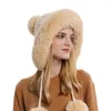 Berets 2022 Winter Warm Knitted Hat Fur Women With Earflap Two Balls Lady Outdoor Thicken Plush Fluffy Cap Russian Hats For