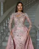Pink Lace Mermaid aftonklänningar för arabisk kvinna glitter 3d blommor oftskirt tåg plus storlek prom party klänningar 322