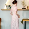 Etnische kleding herfst elegante korte mouw a-line cheongsam sexy kanten trim mandarijn kraag satijn Chinese vrouwen qipao