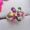 Clusterringen Tourmaline Ring Natural Real 3 6mm 6pcs edelsteen per sieraden 925 Sterling Silver Flower Style