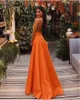 오렌지 라인 롱 무도회 드레스 섹시 V 목 뒤로없는 스파게티 스트랩 이브닝 드레스 파티 공식 가운