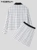 Men's Tracksuits INCERUN Fashion Men Casual Sets Plaid Patchwork Long Sleeve One Button Shirt & Skirts 2PCS Streetwear 2022 Personality