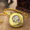 Orologi da tasca Numeri romani vuoti intagliati retrò Orologio meccanico automatico Catena FOB Carica manuale Scheletro Steampunk D'oro Uomo Donna