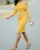 Sukienki zwyczajne biuro dama sukienka solidna skąk szyja bodycon żółta seksowna impreza V-dół elegancka dla kobiet