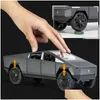 Diecast Model Cars 1 24 Tesla Cybertruck Pick -up Alloy Truck Diecasts Metal speelgoed Off Road Voertuigen geluid en lichte kindercadeau 2210 DHZSP