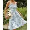 Casual Dresses Blue Suspender Ruffled Pleated Midi Dress Summer Sexy Backless Slim Lace Up Boho For Women Floral Print Beach