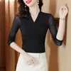 Koszulki damskie wiosna koreańska moda siatka cienkie koszulki dla kobiet w stylu vintage folds design Podstawowe topy z długim rękawem Slim Black Office Lady
