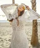 Romantic Full Lace Boho Wedding Dresses Sexy V Neck Long Bell Sleeve Backless Cut Out Bohemian Country Bridal Gowns robe de